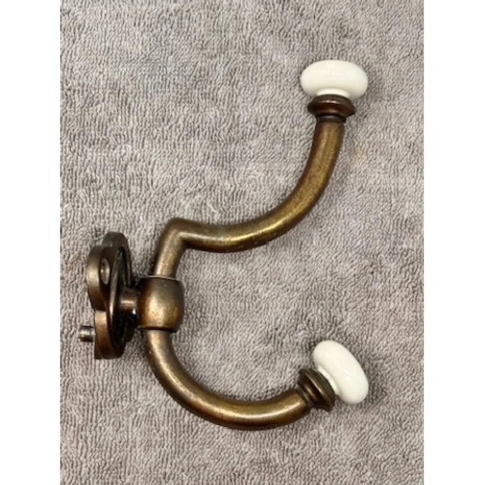 Vintage Brass Double Wall Hook with White Ceramic Ball Finials Taiwan